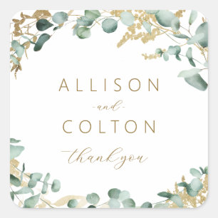 Rustic eucalyptus gold greenery boho wedding favou square sticker