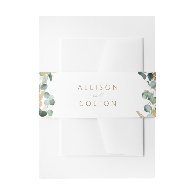 Rustic eucalyptus gold greenery boho wedding  invitation belly band (Front Example)