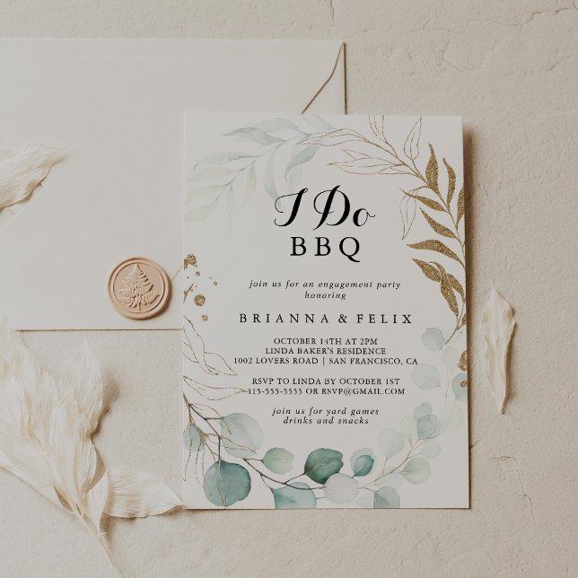 Rustic Eucalyptus Gold I Do BBQ Engagement Party Invitation (Creator Uploaded)