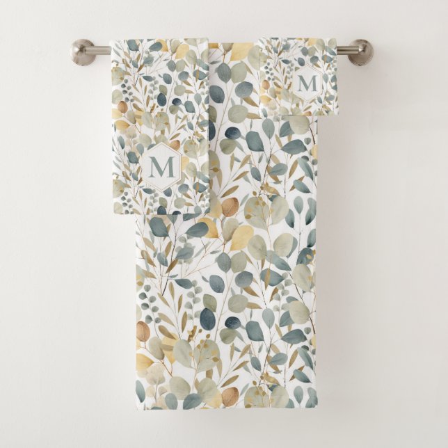 Rustic Eucalyptus Gold Watercolor Pattern Monogram Bath Towel Set (Insitu)