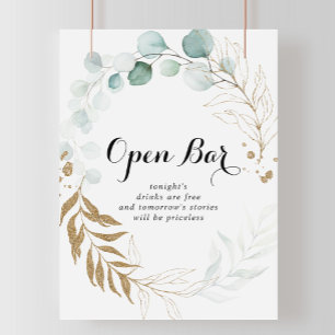 Rustic Eucalyptus Gold Wedding Open Bar Sign