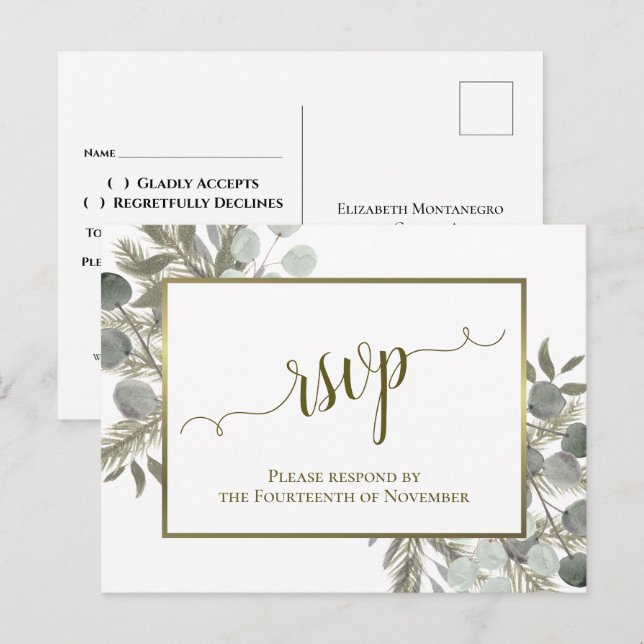 Rustic Eucalyptus & Golden Pine Wedding RSVP Postcard (Front/Back)