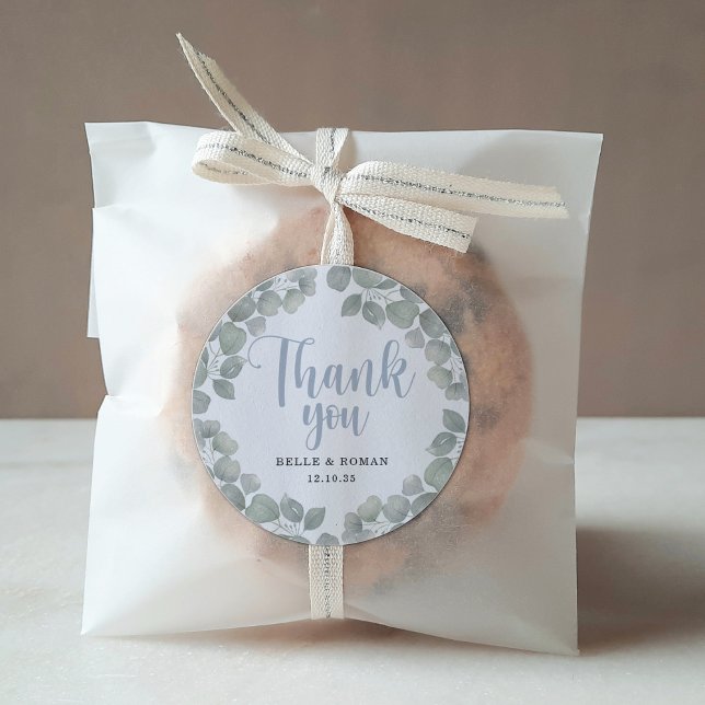 Rustic Eucalyptus Green Wedding Thank You Classic Round Sticker (Creator Uploaded)