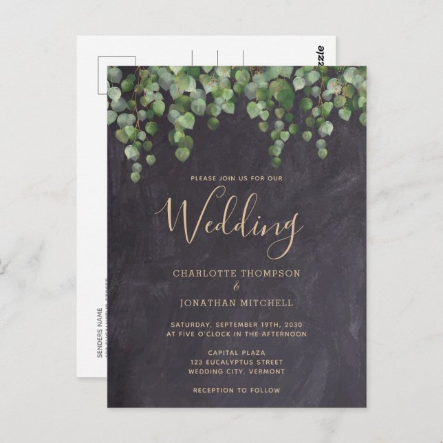 Rustic Eucalyptus Greenery Chalkboard Wedding Postcard (Front/Back)
