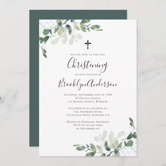 Rustic Eucalyptus Greenery Christening Invitation (Front/Back)