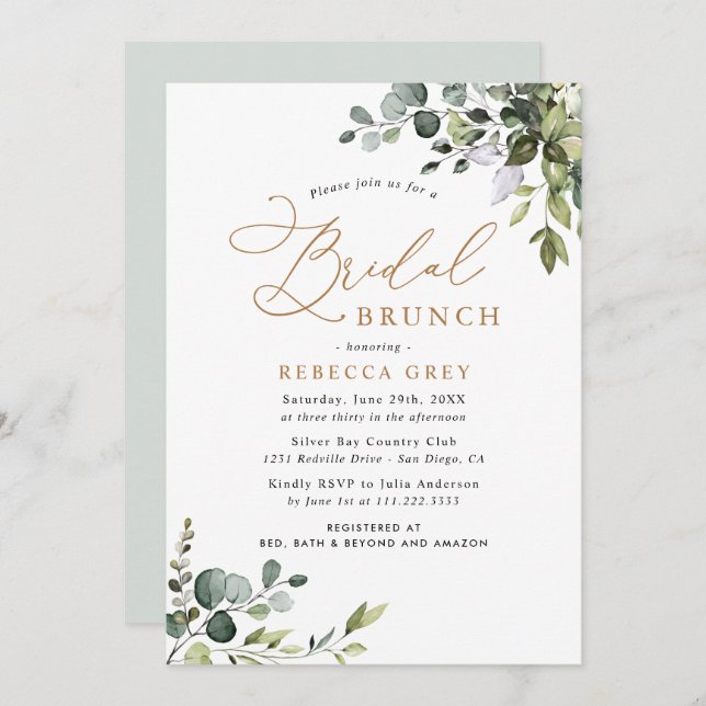 Rustic Eucalyptus Greenery Gold Bridal Brunch Invitation (Front/Back)