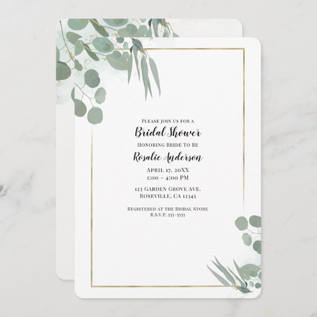 Rustic Eucalyptus Greenery & Gold Bridal Shower Invitation (Front/Back)
