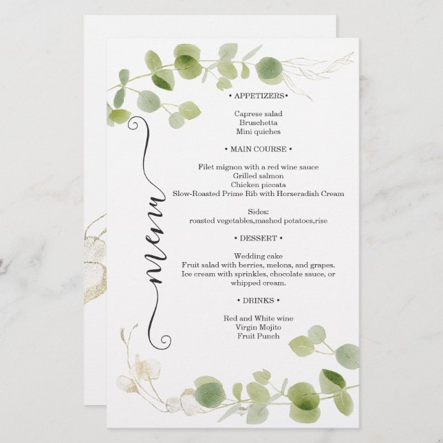 Rustic Eucalyptus Greenery Gold Chic Wedding Menu (Front/Back)