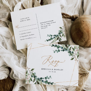 Rustic Eucalyptus Greenery Gold Frame Wedding RSVP Postcard