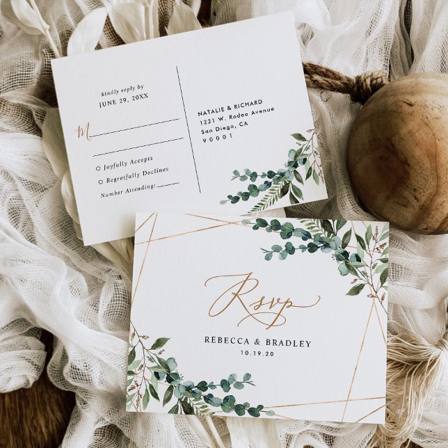 Rustic Eucalyptus Greenery Gold Frame Wedding RSVP Postcard (Creator Uploaded)