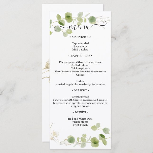Rustic Eucalyptus Greenery Gold Wedding Reception Menu (Front/Back)