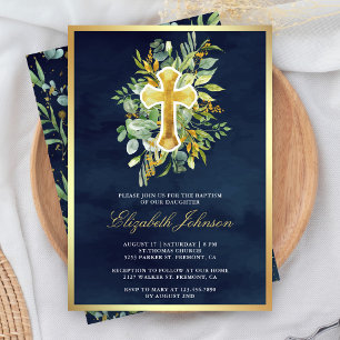 Rustic Eucalyptus Greenery Navy Blue Gold Baptism Invitation