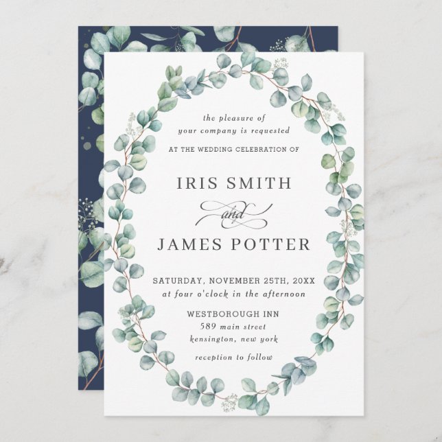 Rustic Eucalyptus Greenery Oval Wreath Wedding Invitation (Front/Back)