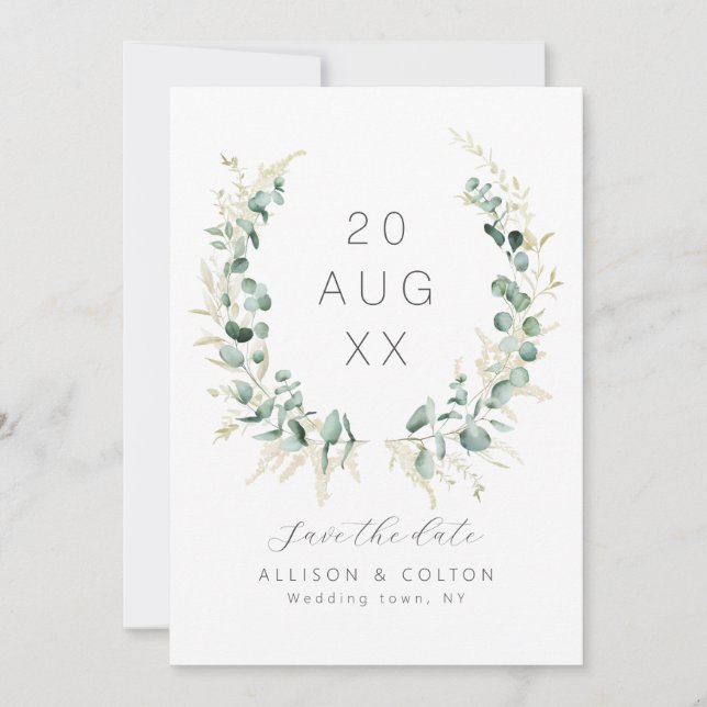 Rustic eucalyptus greenery sage green boho save the date (Front)