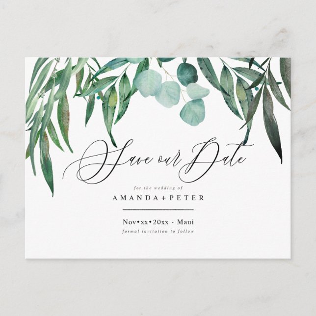 Rustic Eucalyptus, Greenery Save the Date Postcard (Front)