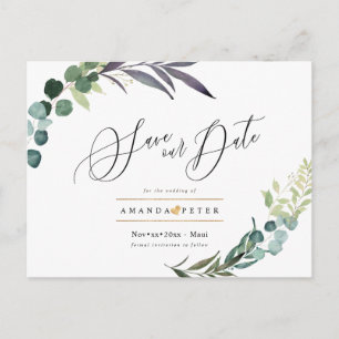 Rustic Eucalyptus, Greenery Save the Date Postcard