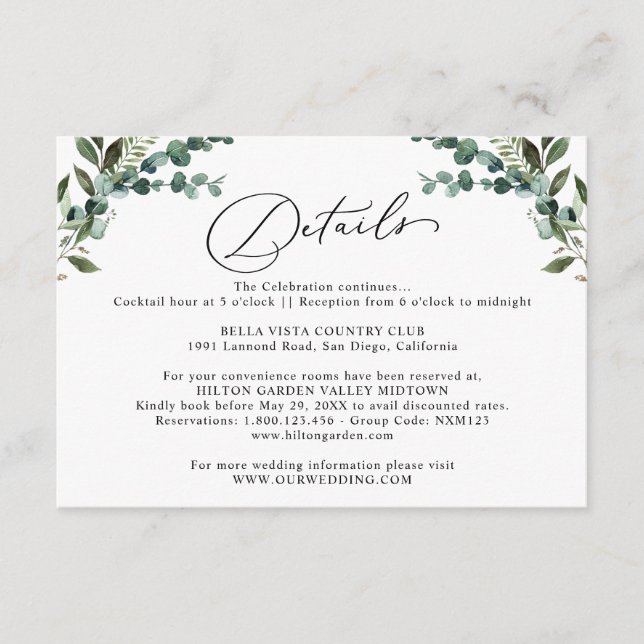 Rustic Eucalyptus Greenery Wedding Details  Enclosure Card (Front)