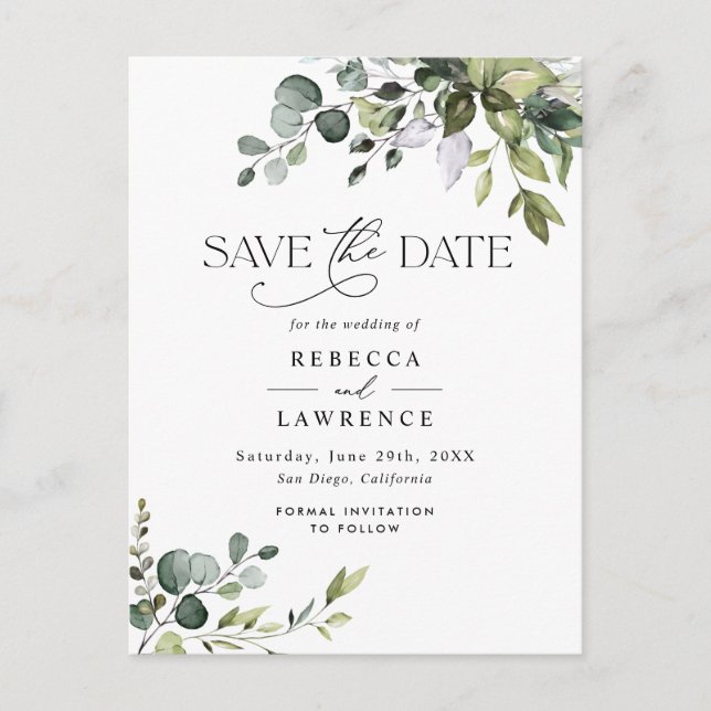 Rustic Eucalyptus Greenery Wedding Save the Date Postcard (Front)
