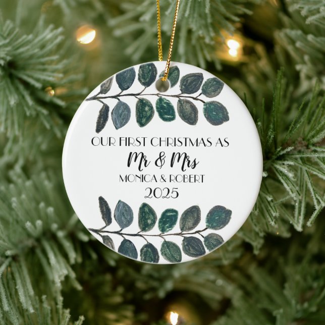 Rustic Eucalyptus Keepsake First Christmas  Ceramic Ornament (Tree)