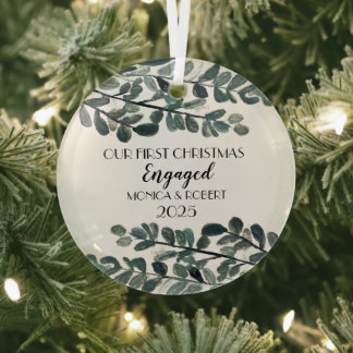 Rustic Eucalyptus Keepsake First Christmas Engaged Glass Tree Decoration