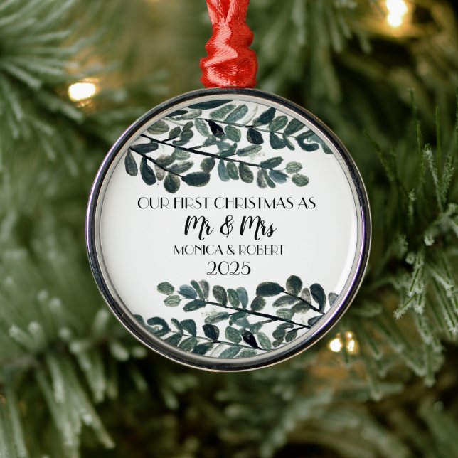 Rustic Eucalyptus Keepsake First Christmas  Metal Ornament (Tree)