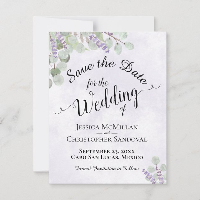Rustic Eucalyptus & Lavender Chic Purple Wedding Save The Date (Front)