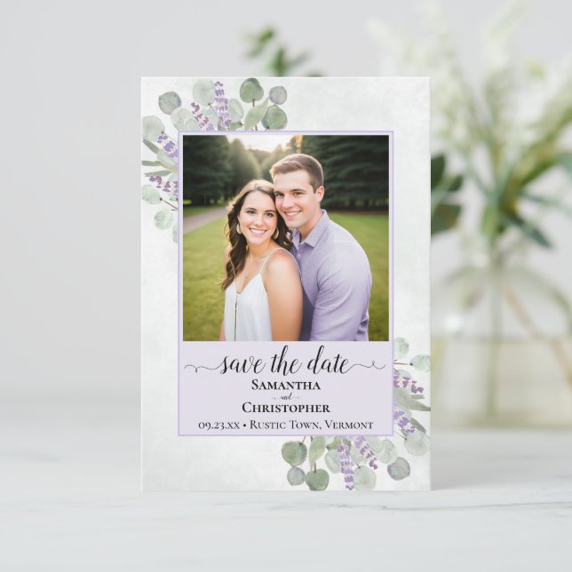 Rustic Eucalyptus & Lavender Purple Wedding Photo Save The Date (Standing Front)