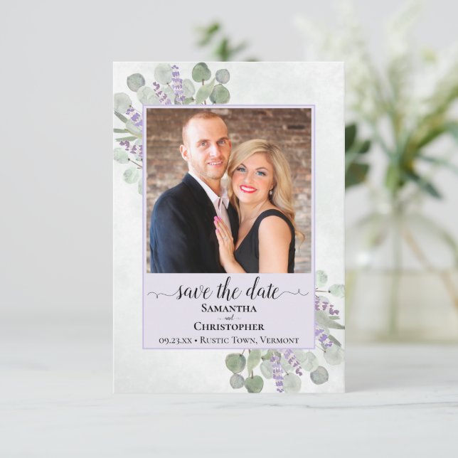 Rustic Eucalyptus & Lavender Purple Wedding Photo Save The Date (Standing Front)