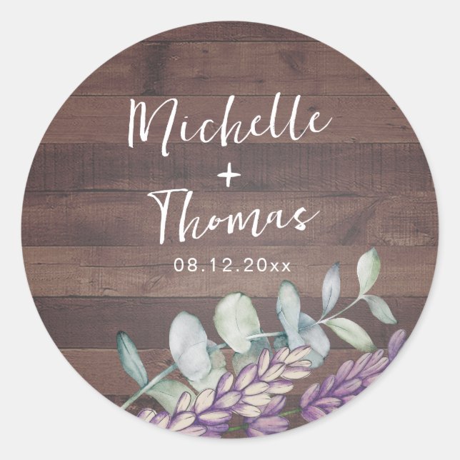 Rustic Eucalyptus & Lavender Wedding Classic Round Sticker (Front)