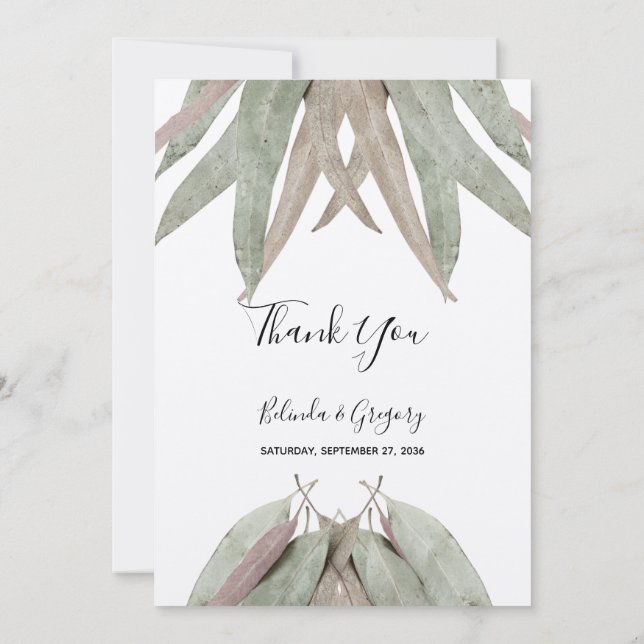 Rustic Eucalyptus Leaf Wedding  Thank You Card (Back)