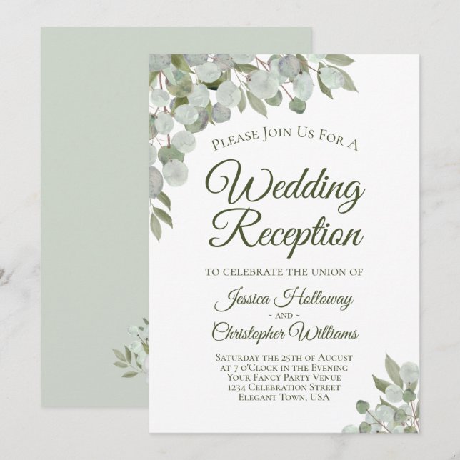 Rustic Eucalyptus Leaves Elegant Wedding Reception Invitation (Front/Back)