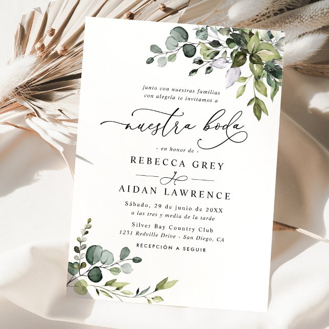 Rustic Eucalyptus Leaves Greenery Nuestra Boda Invitation (Creator Uploaded)