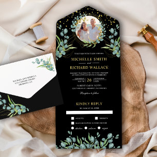 Rustic Eucalyptus Leaves Photo Black Wedding All In One Invitation