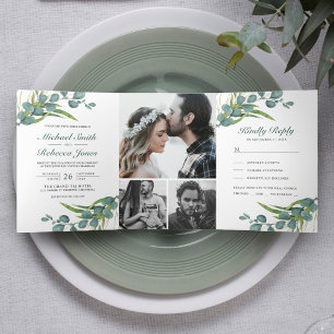 Rustic Eucalyptus Leaves Photo Collage Wedding Tri-Fold Invitation