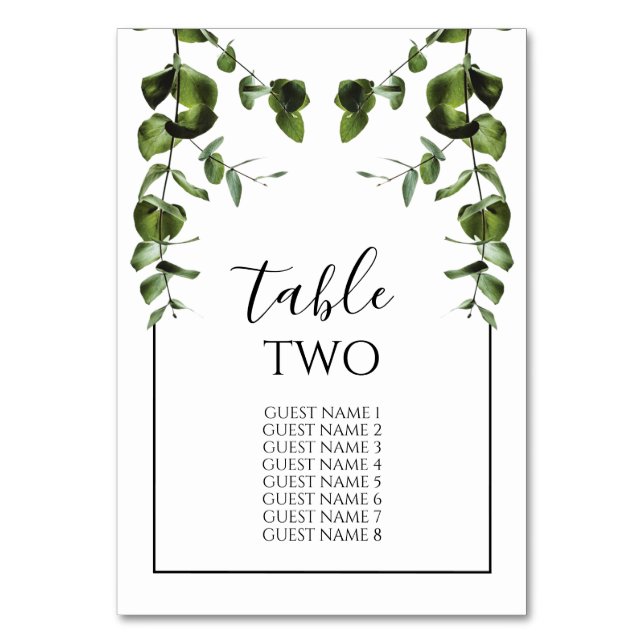 Rustic  Eucalyptus Leaves Wedding Guest Names Table Number (Front)