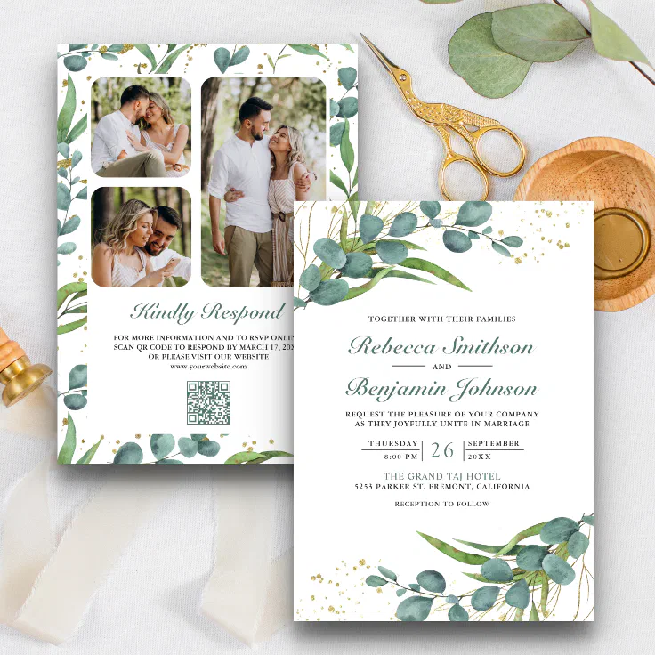 Rustic Eucalyptus Photo Collage Qr Code Wedding Invitation Zazzle