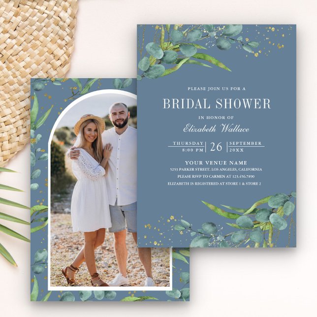 Rustic Eucalyptus Photo Dusty Blue Bridal Shower Invitation (Creator Uploaded)