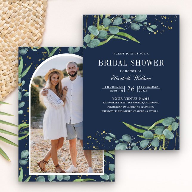 Rustic Eucalyptus Photo Navy Blue Bridal Shower Invitation (Creator Uploaded)