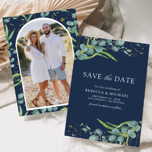 Rustic Eucalyptus Photo Navy Blue Wedding Save The Date