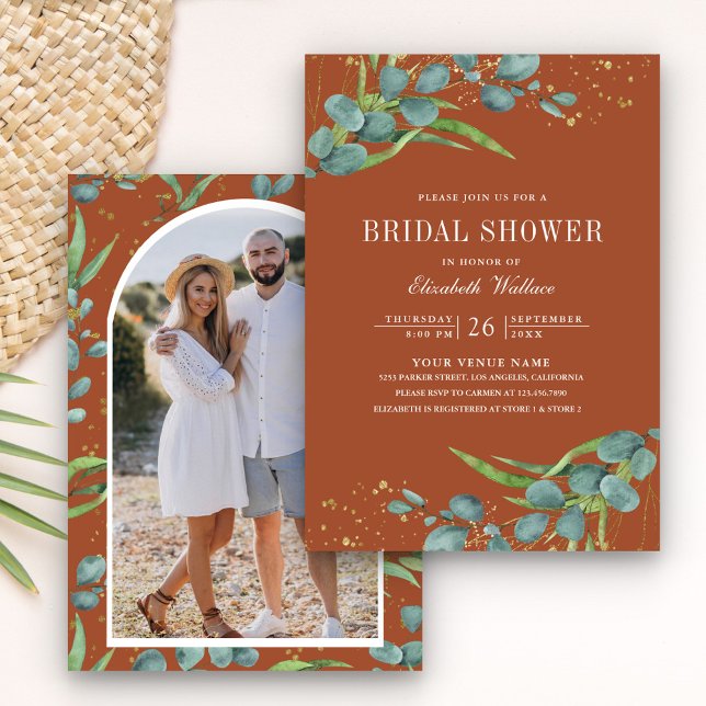 Rustic Eucalyptus Photo Terracotta Bridal Shower Invitation (Creator Uploaded)