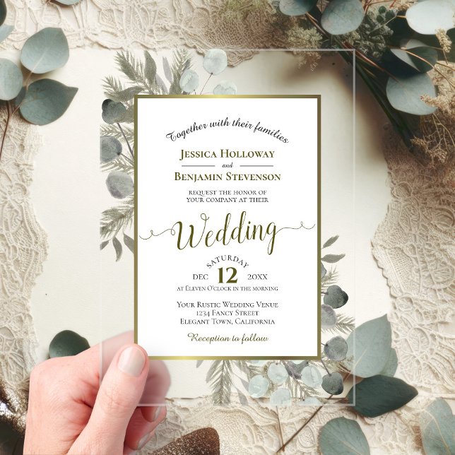 Rustic Eucalyptus & Pine Elegant Gold Wedding Acrylic Invitations (Creator Uploaded)