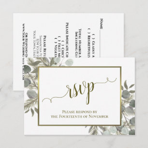 Rustic Eucalyptus & Pine Sage Green & Gold Wedding RSVP Card