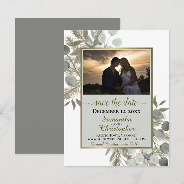 Rustic Eucalyptus & Pine w/ Photo Grey Wedding Save The Date (Front/Back)