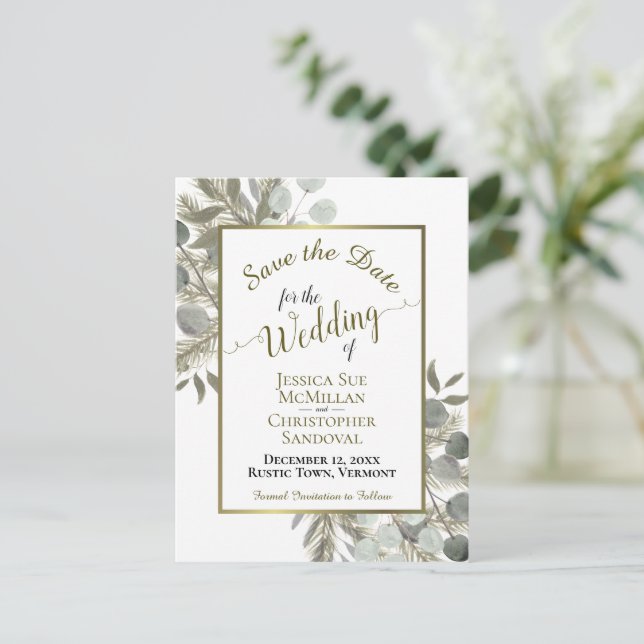 Rustic Eucalyptus & Pine Wedding Save the Date Announcement Postcard (Standing Front)