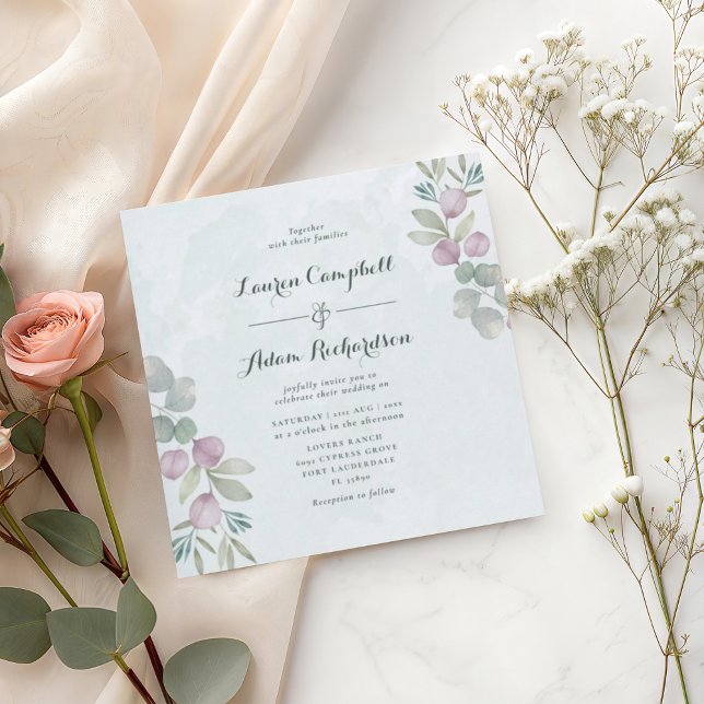 Rustic Eucalyptus Sage Green & Pink Wedding  Invitation (Creator Uploaded)