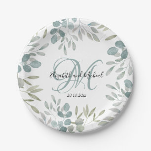 Rustic Eucalyptus Sage Green Watercolor Wedding  Paper Plate