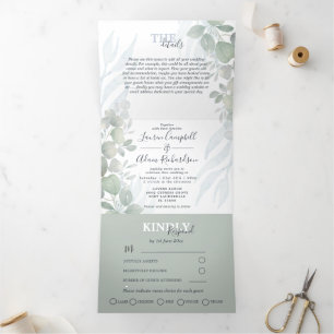 Rustic Eucalyptus Sage Green Watercolor Wedding Tri-Fold Invitation