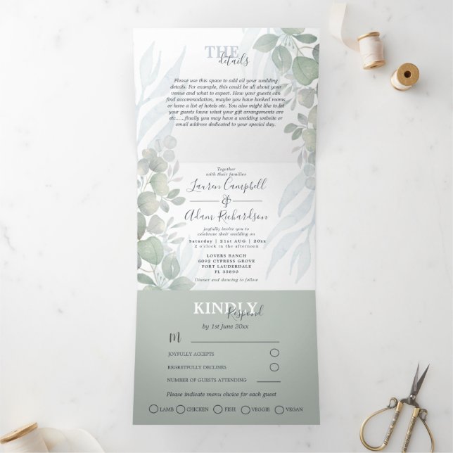 Rustic Eucalyptus Sage Green Watercolor Wedding   Tri-Fold Invitation (Inside)