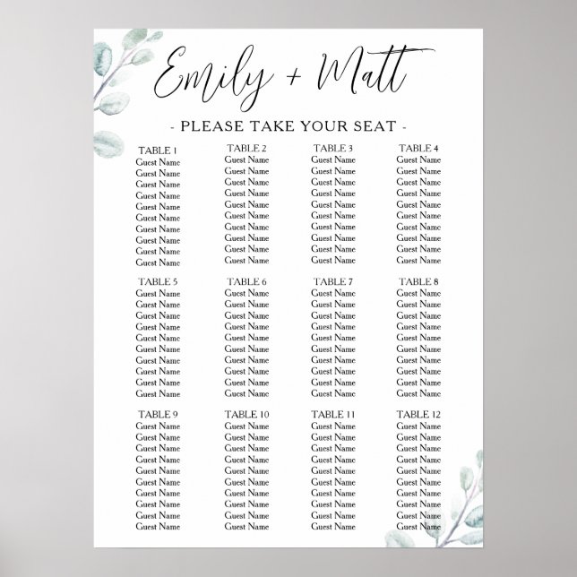 Rustic Eucalyptus Simple Wedding Seating Chart (Front)