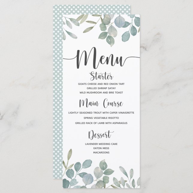 Rustic Eucalyptus watercolor green & White Wedding Menu (Front/Back)